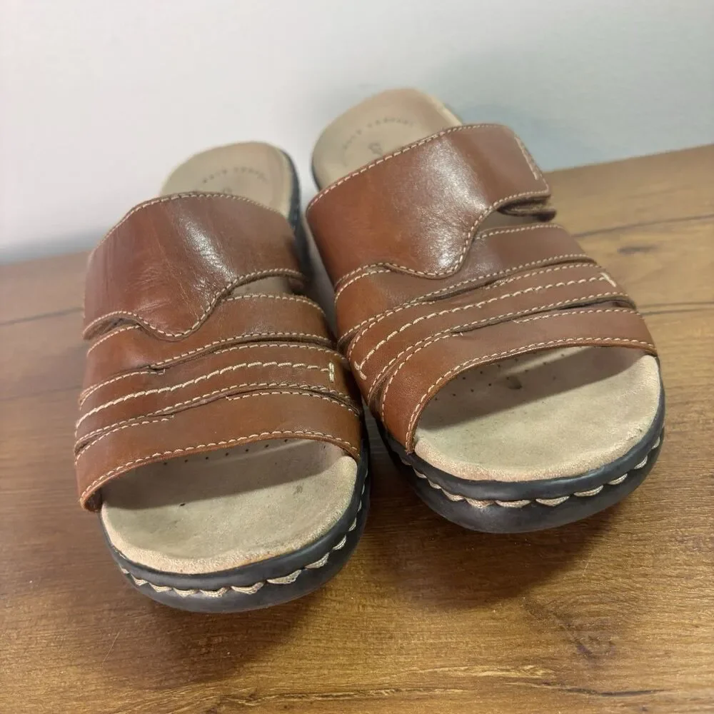 Clarks Women's Lexi Sabrina Sandals Brown Tan Leather Slip On Wedge US 8.5